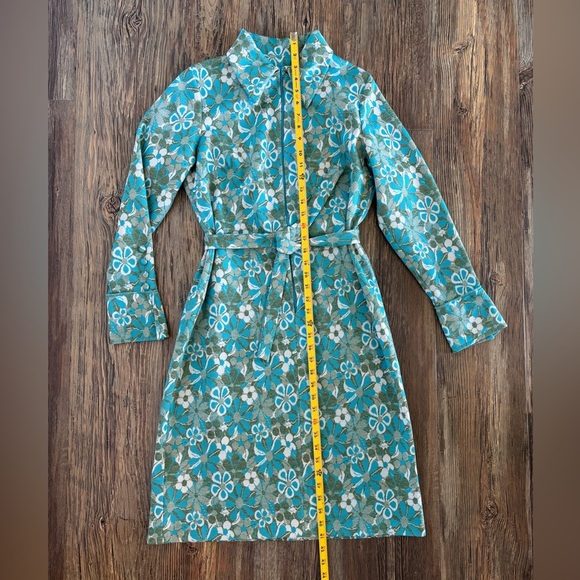 Wynette Midi Belted Shift L/S Dress NO SIZE Vintage 70s Blue Green White Floral - Picture 3 of 15